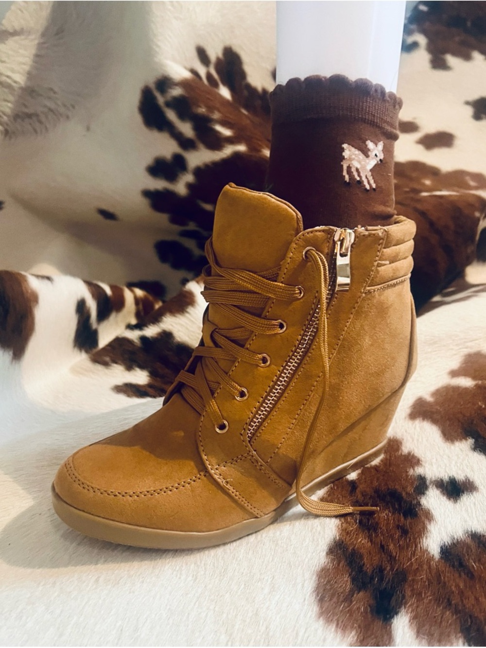 Women’s Tan Lace-Up Wedge Boot with Side Zipper